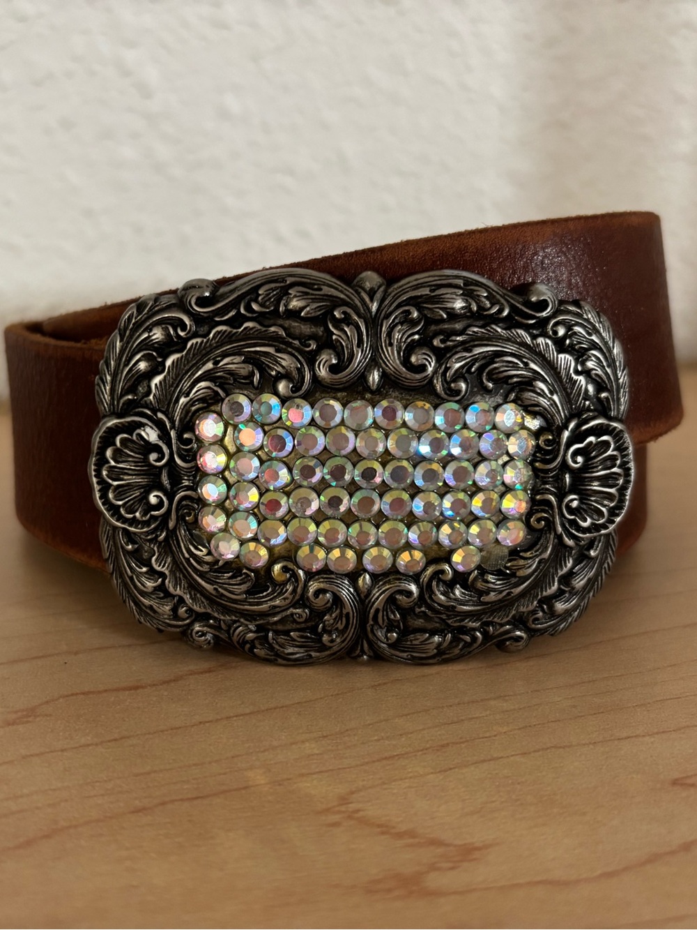 Fossil Leather Belt Ornate Rhinestone Western Buckle Brown Genuine Leather